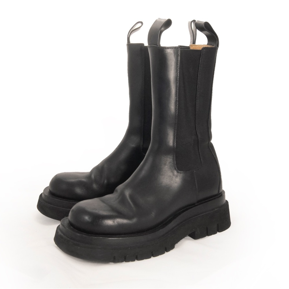 Authentic Bottega Veneta Lug Black Leather Chelsea Tall Boots Shoes